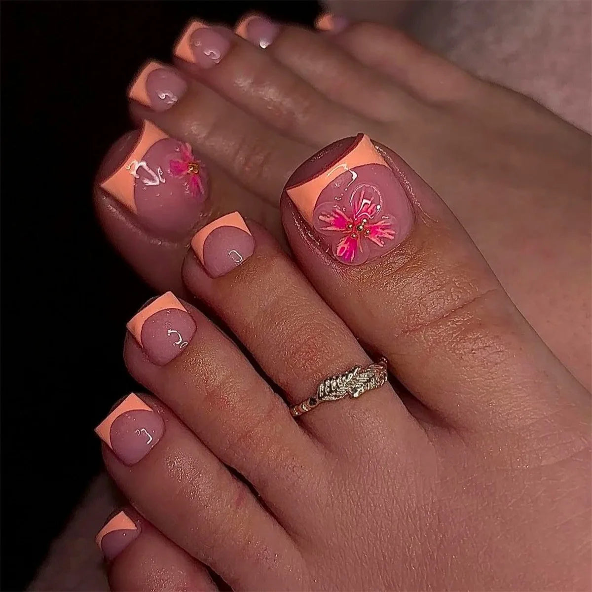 Dusty Pink French Tip Nails With Coral Tips and 3D Flowers
