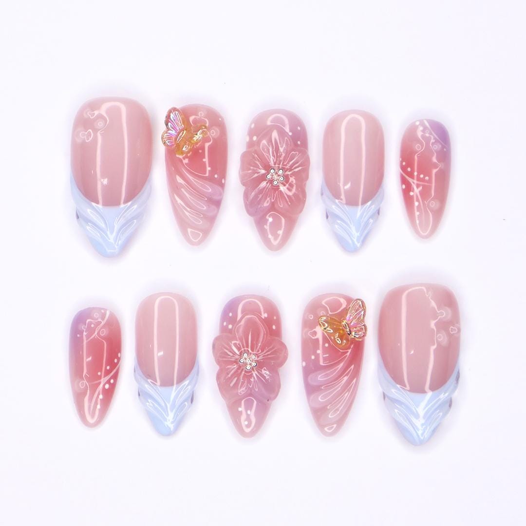 Dusty Pink French Tip Press-On Nails With 3D Flowers and Butterfly Charms