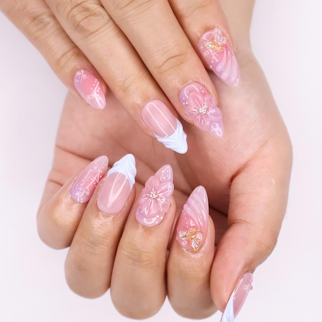 Dusty Pink French Tip Press-On Nails With 3D Flowers and Butterfly Charms