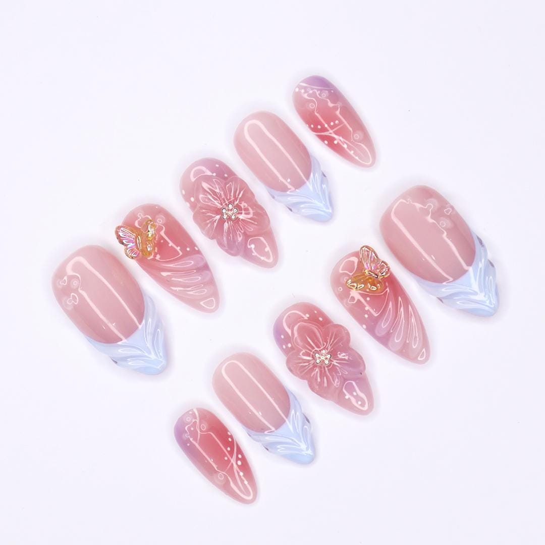 Dusty Pink French Tip Press-On Nails With 3D Flowers and Butterfly Charms