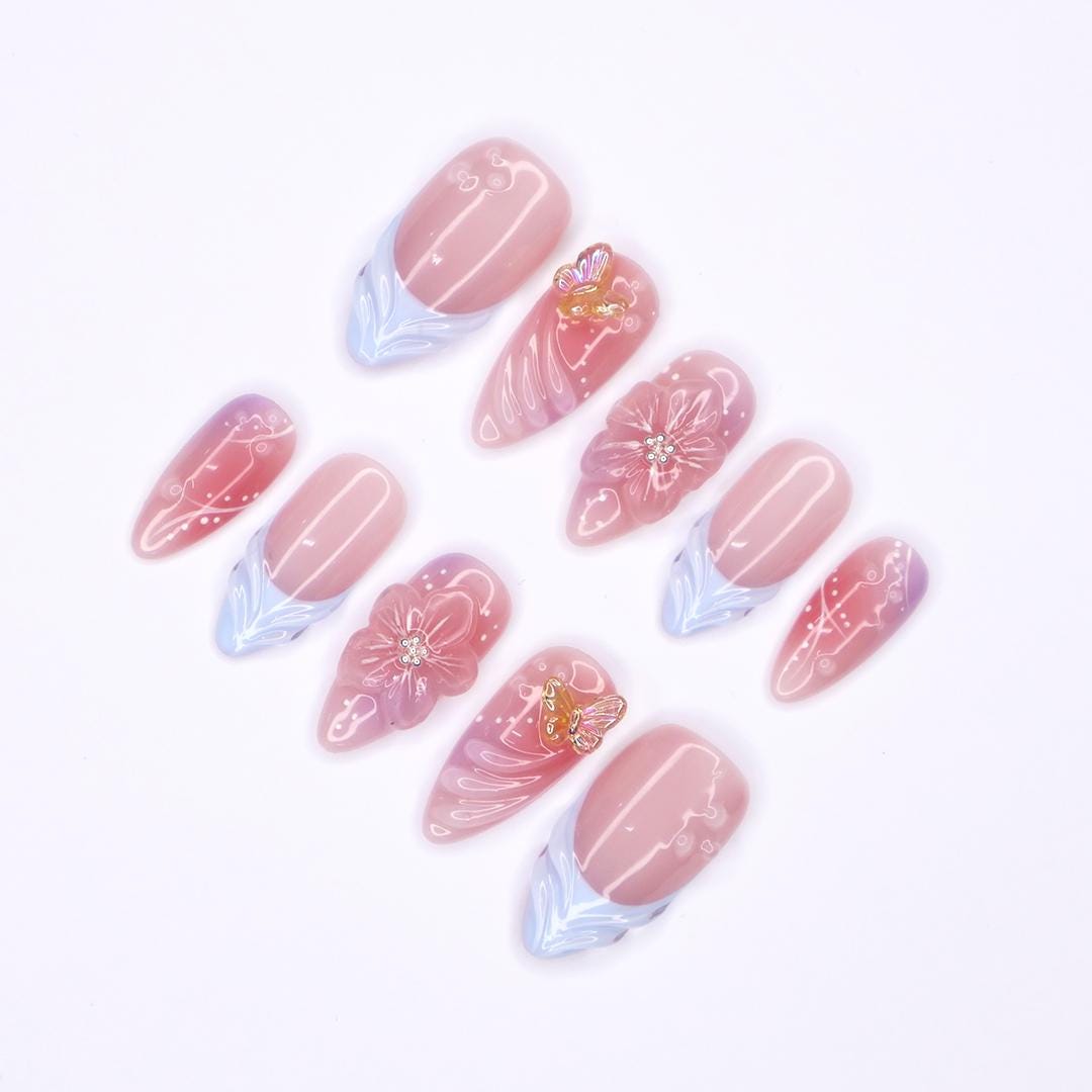 Dusty Pink French Tip Press-On Nails With 3D Flowers and Butterfly Charms