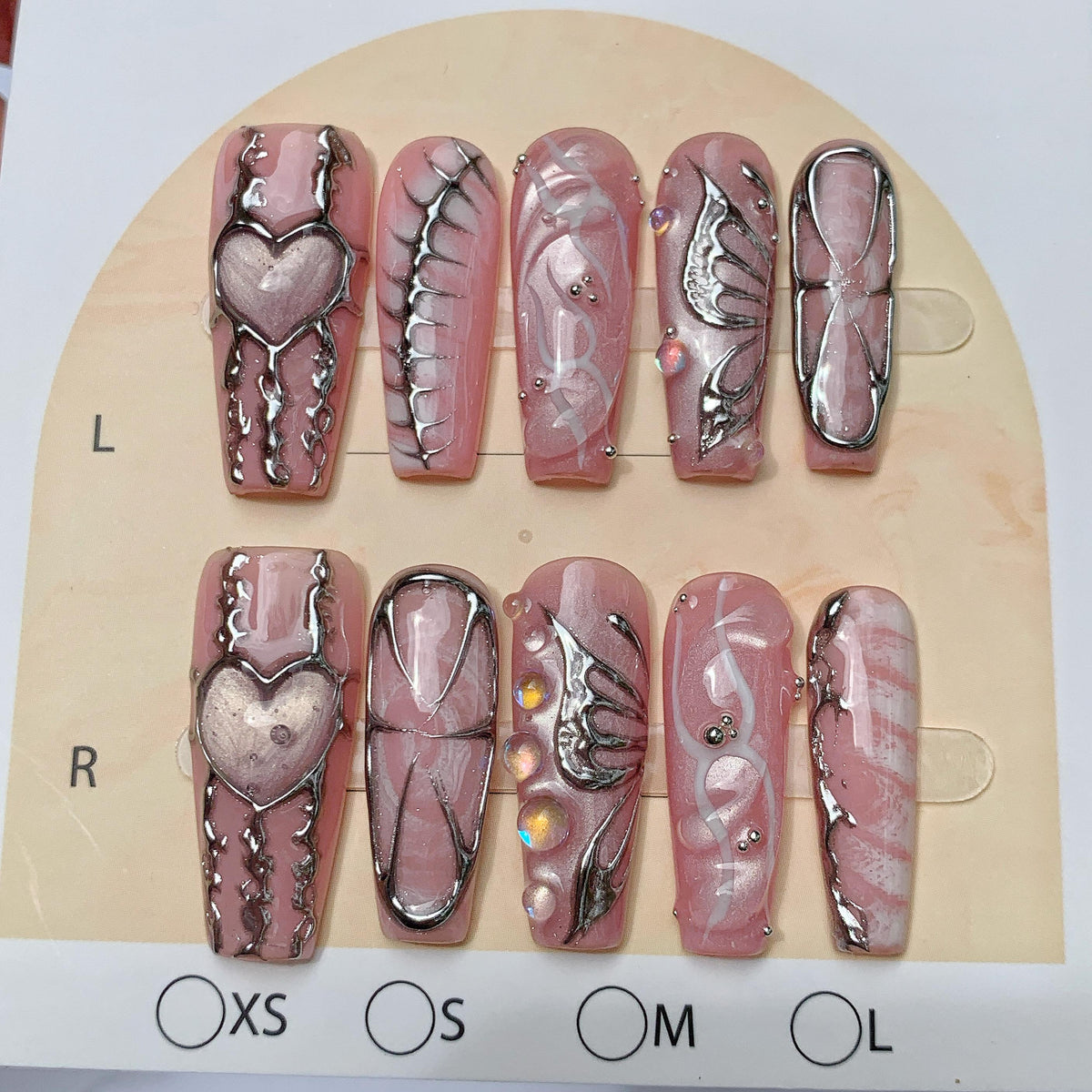 Dusty Pink Marble Press On Nails With Silver Chrome Hearts, Wings and Rhinestones
