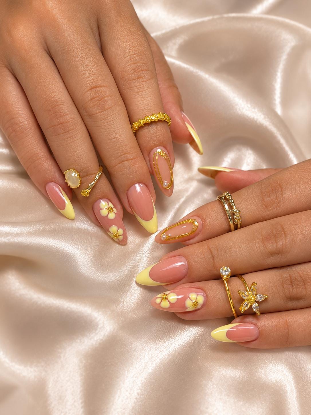 Dusty Pink Nails With Pale Yellow French Tips, Daisies, and Gold Details for Spring and Summer