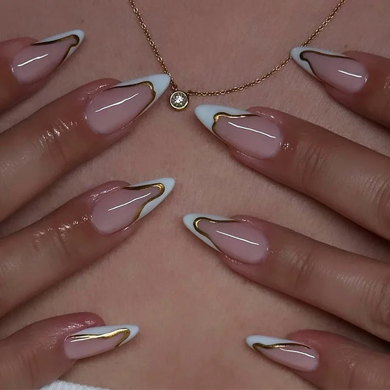 Dusty Pink Nude Nails with White Wavy French Tips and Gold Accents