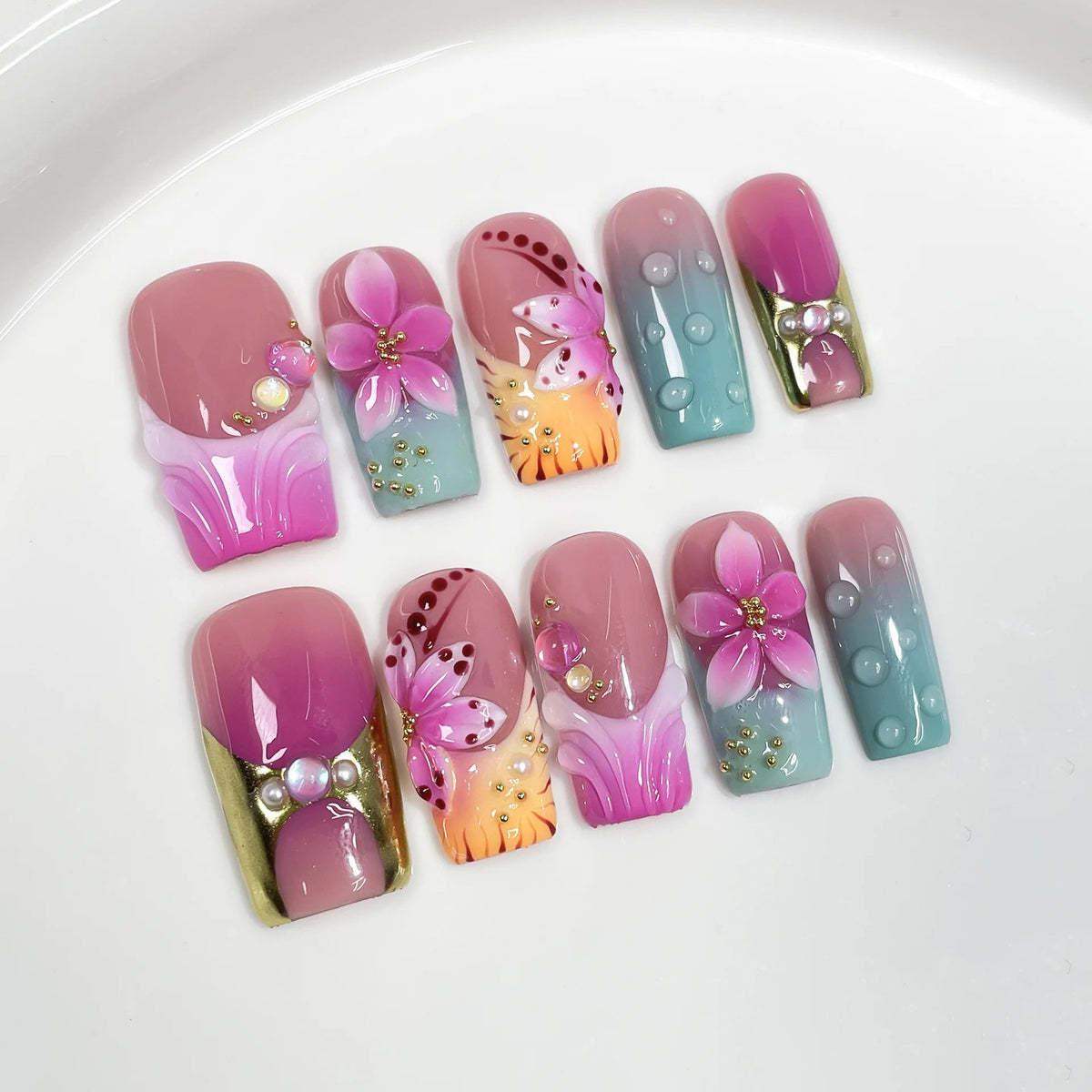 Dusty Pink Ombre Floral Nails With 3D Flowers and Rhinestone Details