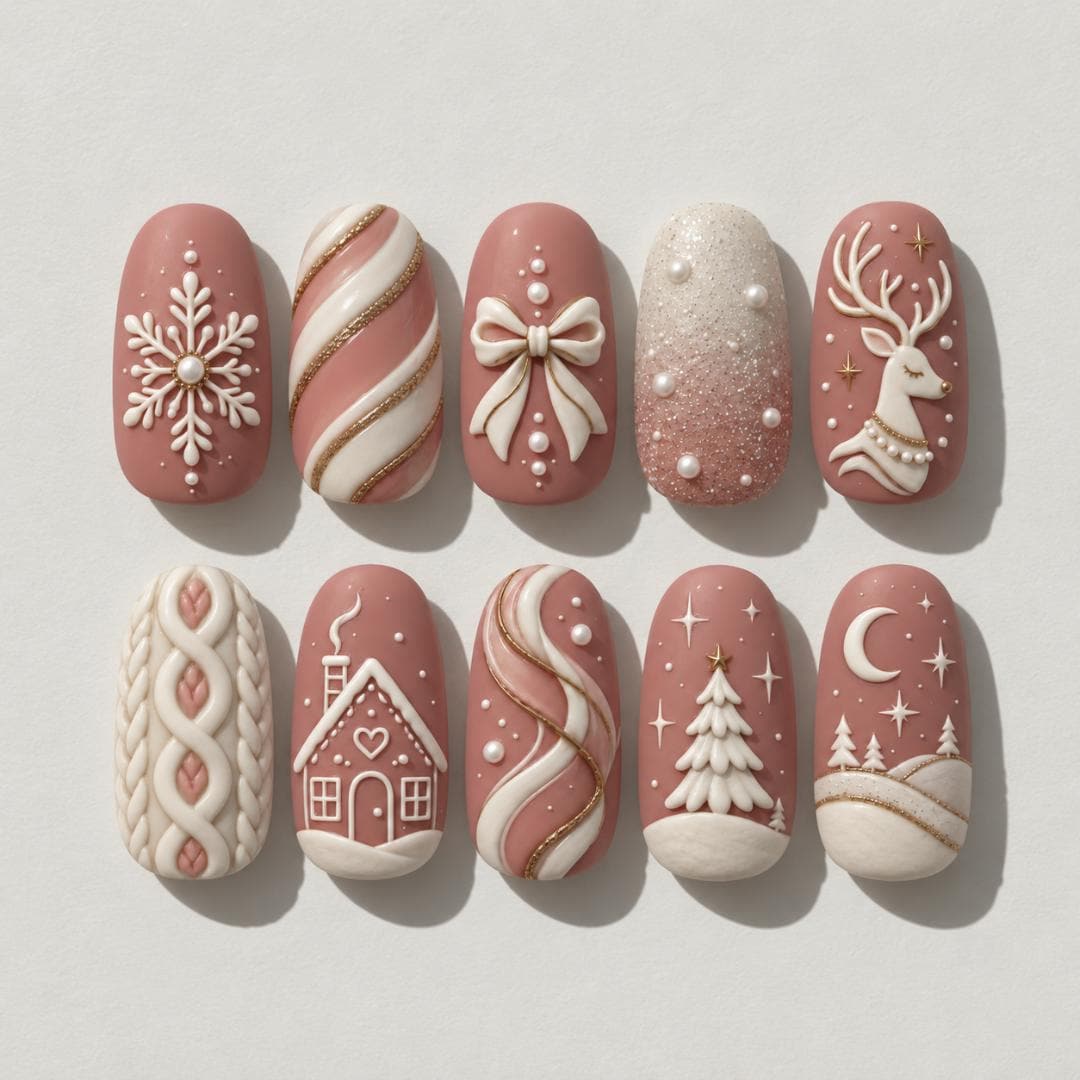 Dusty Rose and Ivory Christmas Nails With 3D Winter Details