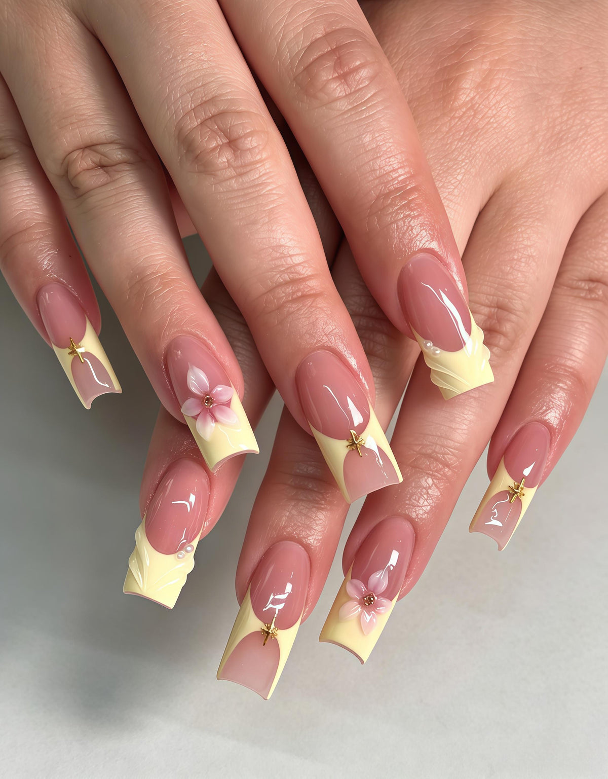 Dusty Rose French Tip Nails With 3D Pink Flowers and Pearl Centers