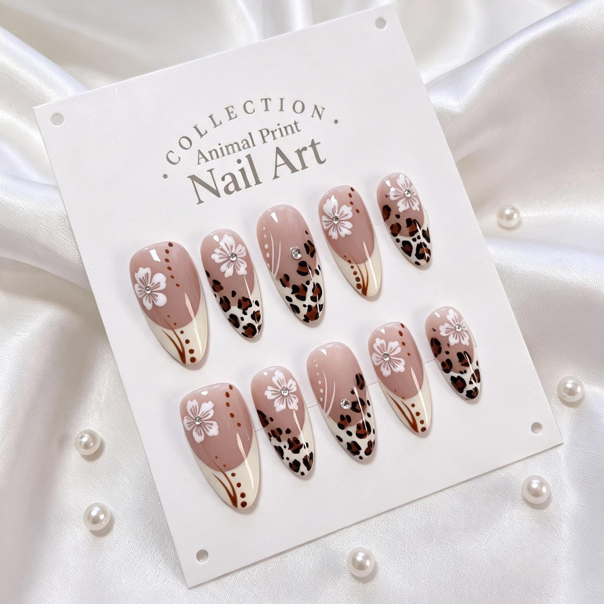 Dusty Rose Leopard Print and White Flower Nail Set