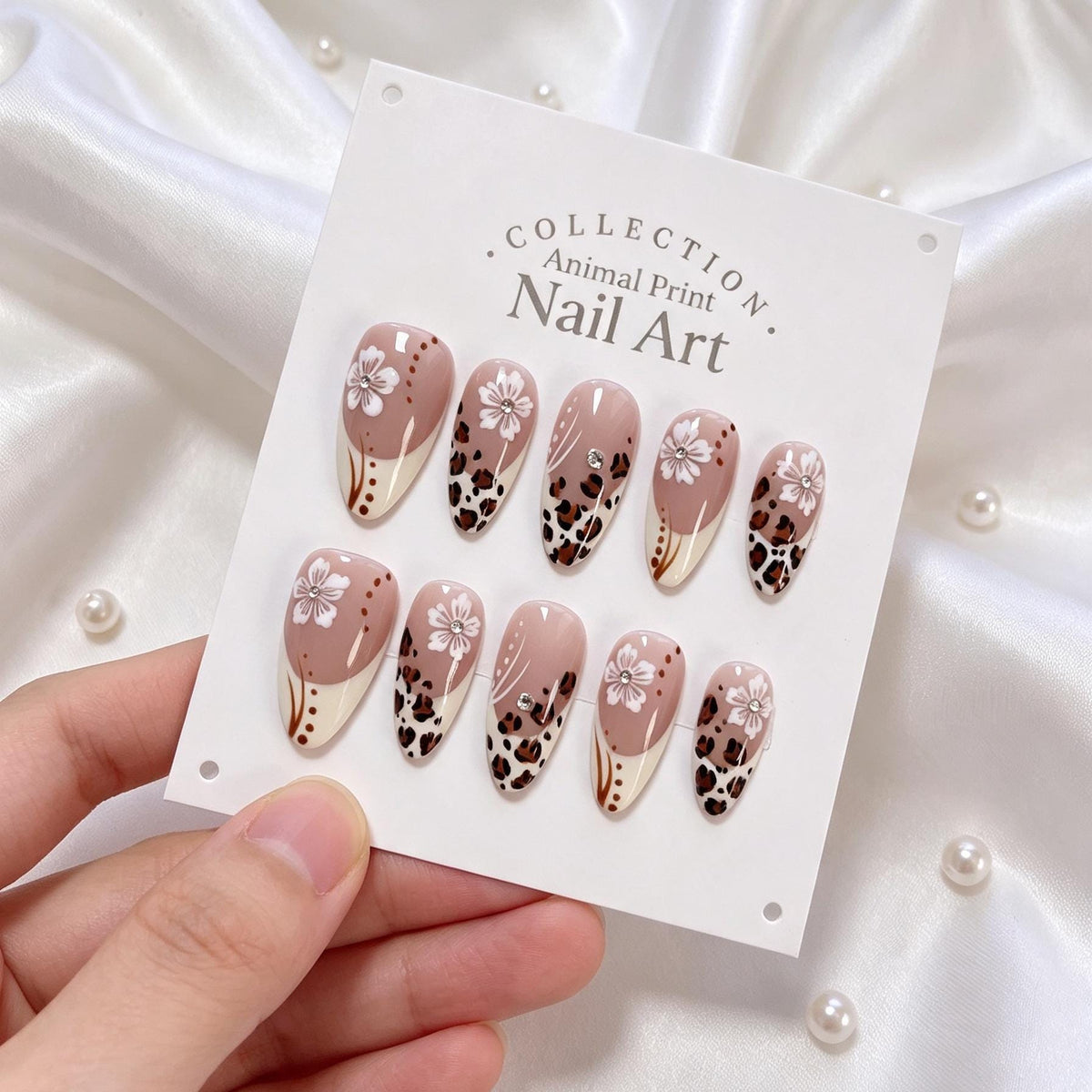 Dusty Rose Leopard Print and White Flower Nail Set