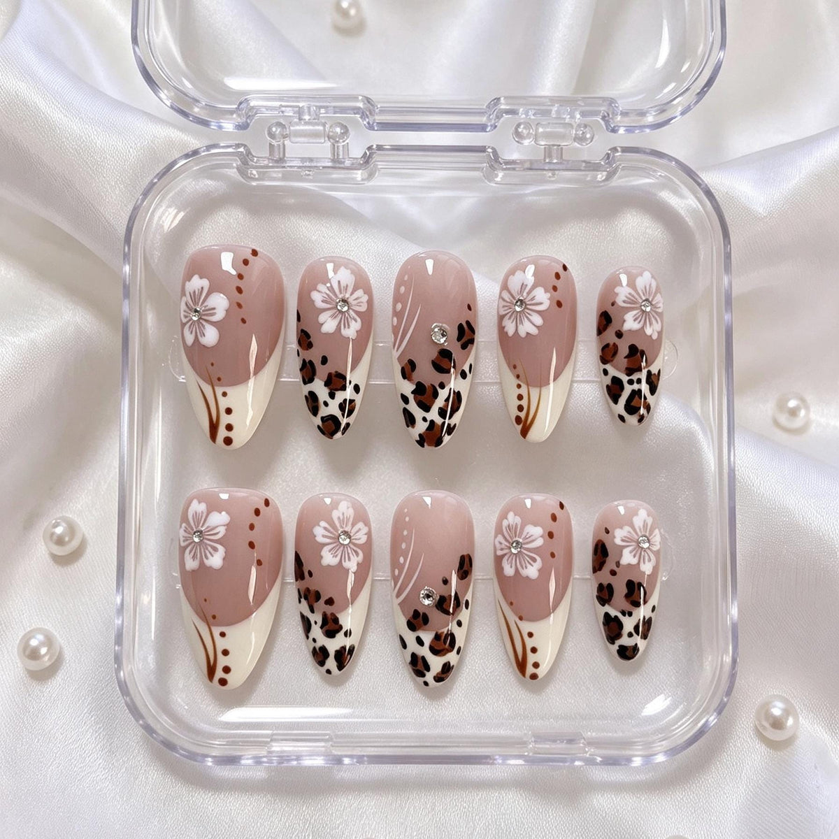Dusty Rose Leopard Print and White Flower Nail Set