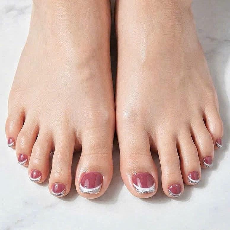 Dusty Rose Press-On Toenails with White-Silver Glitter French Tips