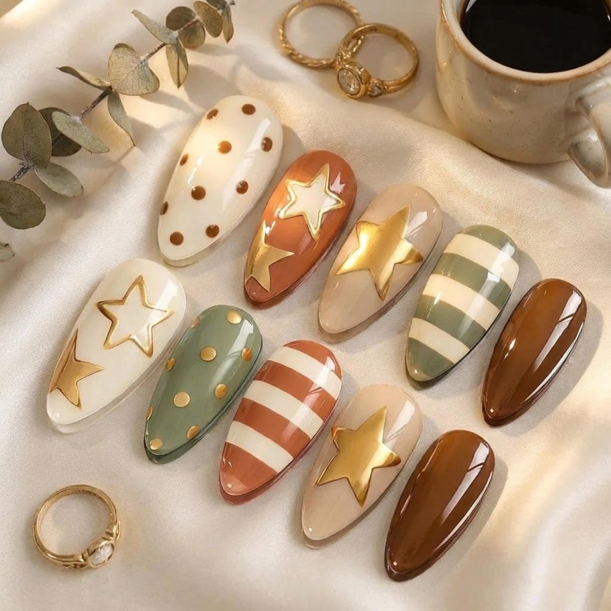 Earth-Tone Star Press-On Nails With Gold Accents