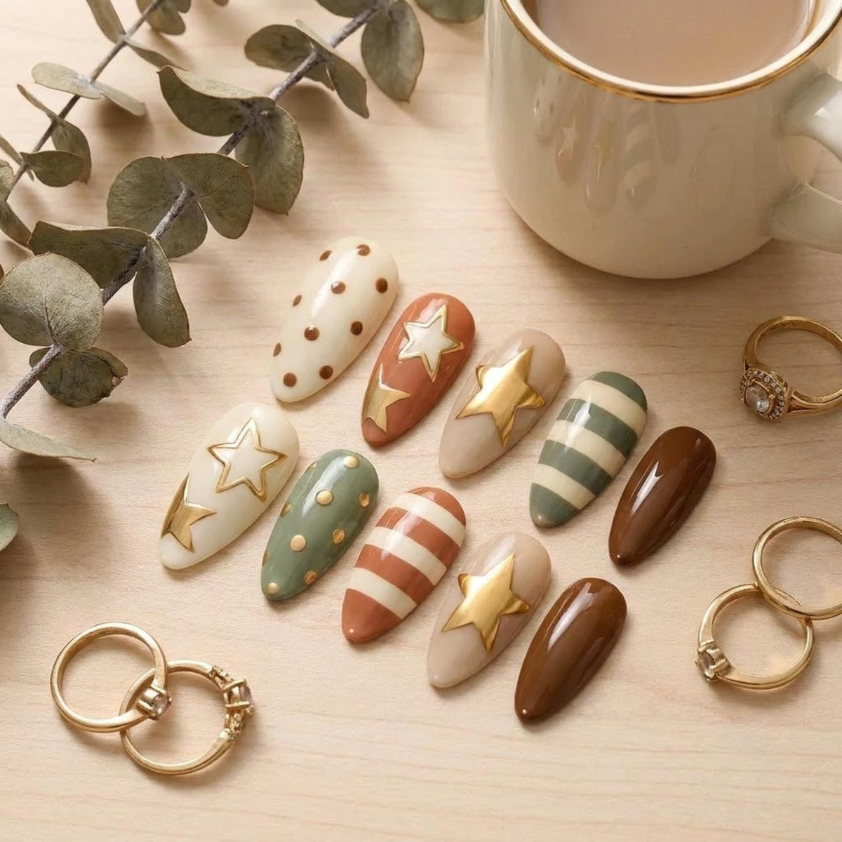 Earth-Tone Star Press-On Nails With Gold Accents