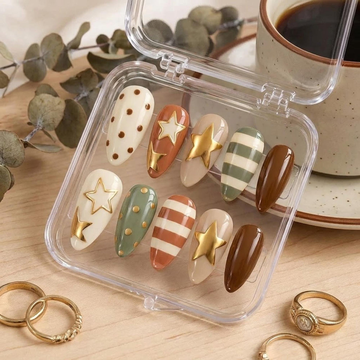 Earth-Tone Star Press-On Nails With Gold Accents