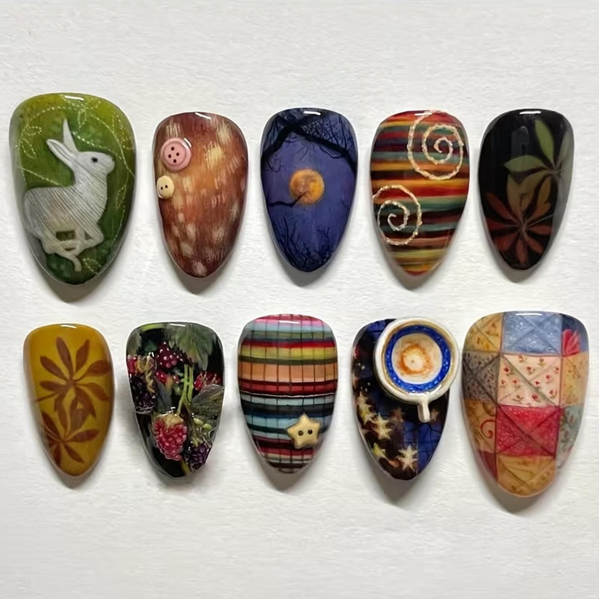 Earthy Patchwork Press On Nails with Rabbit, Flowers, Stripes and Raised Details