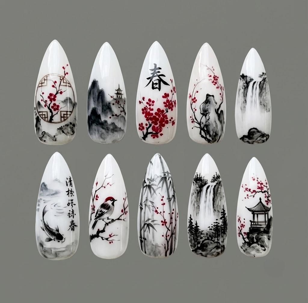 East Asian Ink-Wash Landscape Press-On Nail Set With Red Blossoms, Birds and Calligraphy