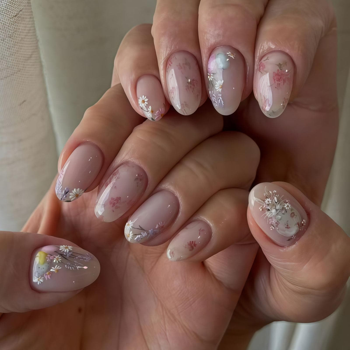 Easter Rabbit Press On Nails With Sheer Pink Florals, Daisies & Lavender Sprigs