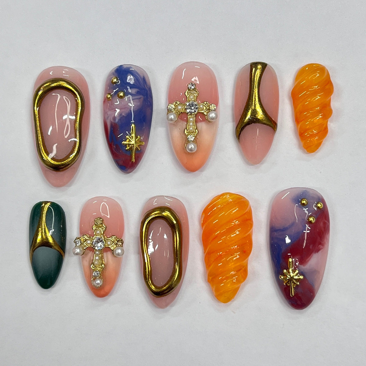 Eclectic Blush, Green and Marbled Press On Nails with Gold Cross Accents