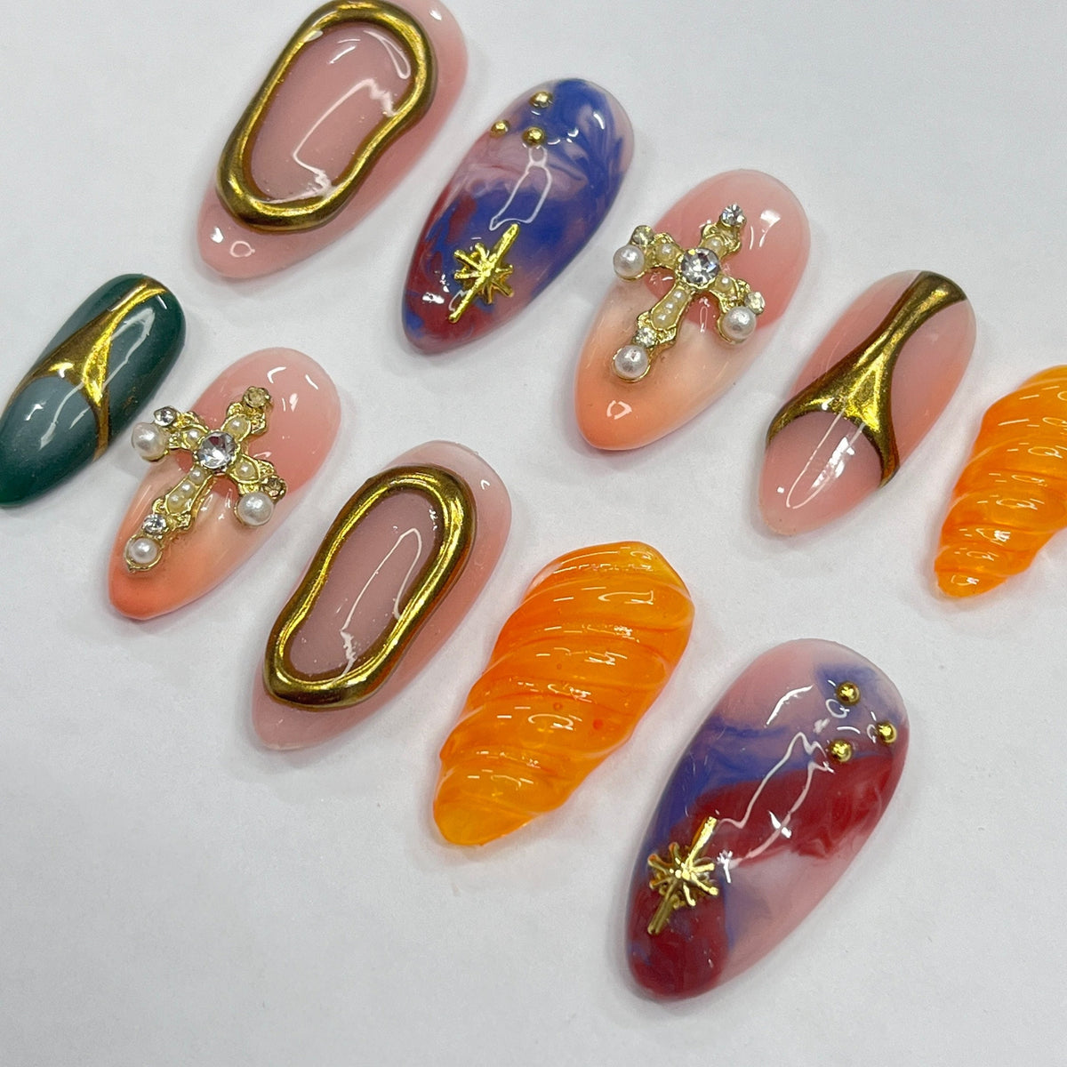 Eclectic Blush, Green and Marbled Press On Nails with Gold Cross Accents