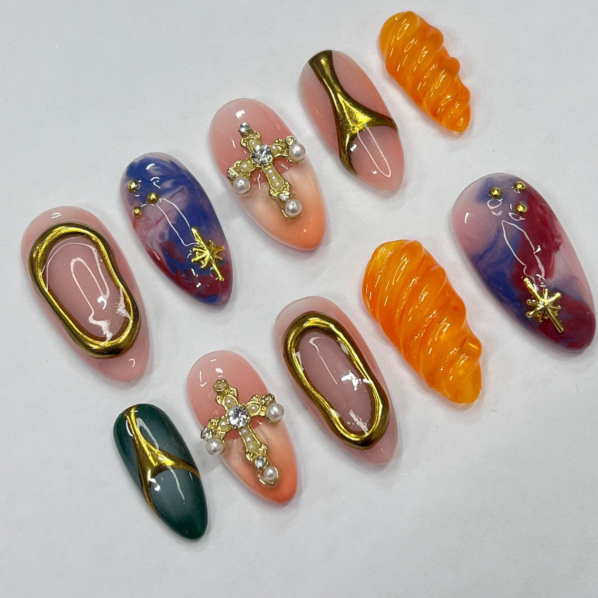 Eclectic Blush, Green and Marbled Press On Nails with Gold Cross Accents