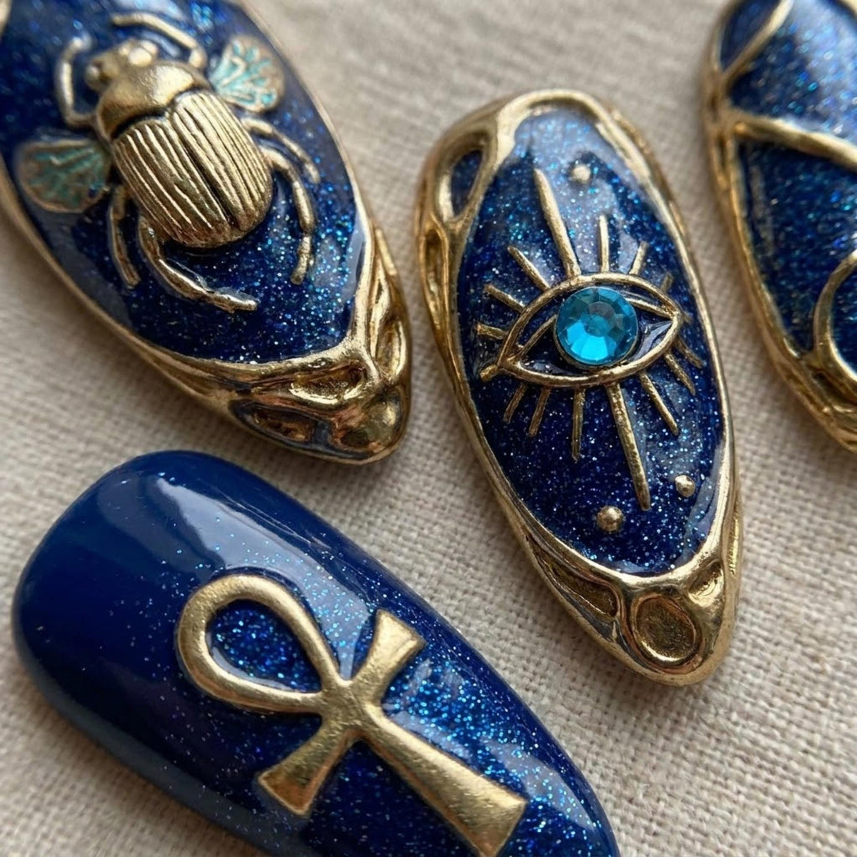 Egyptian Scarab Navy and Gold 3D Press On Nails