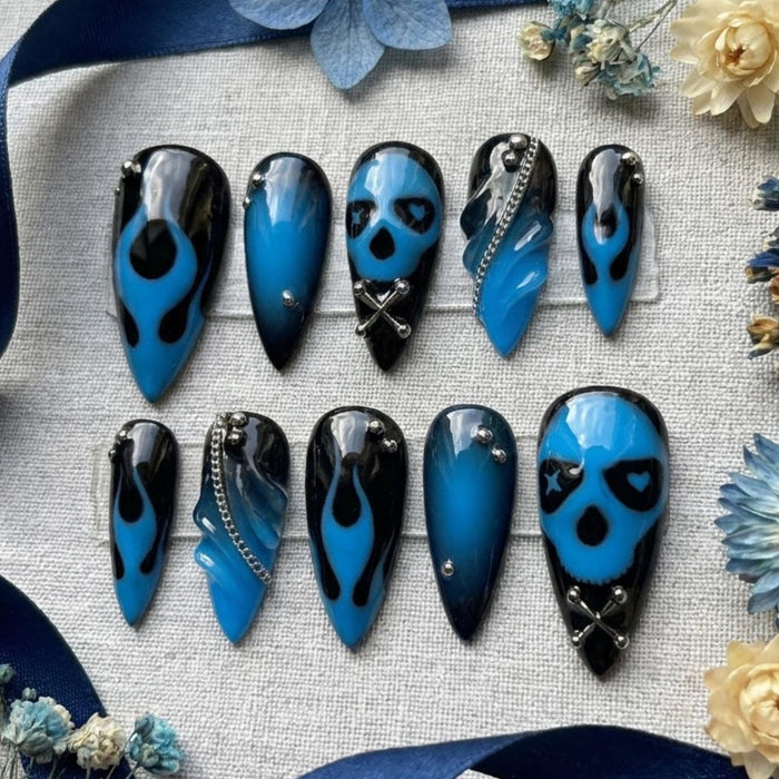 Electric Blue Skull and Flame Press-On Nail Set With Silver Chain Details