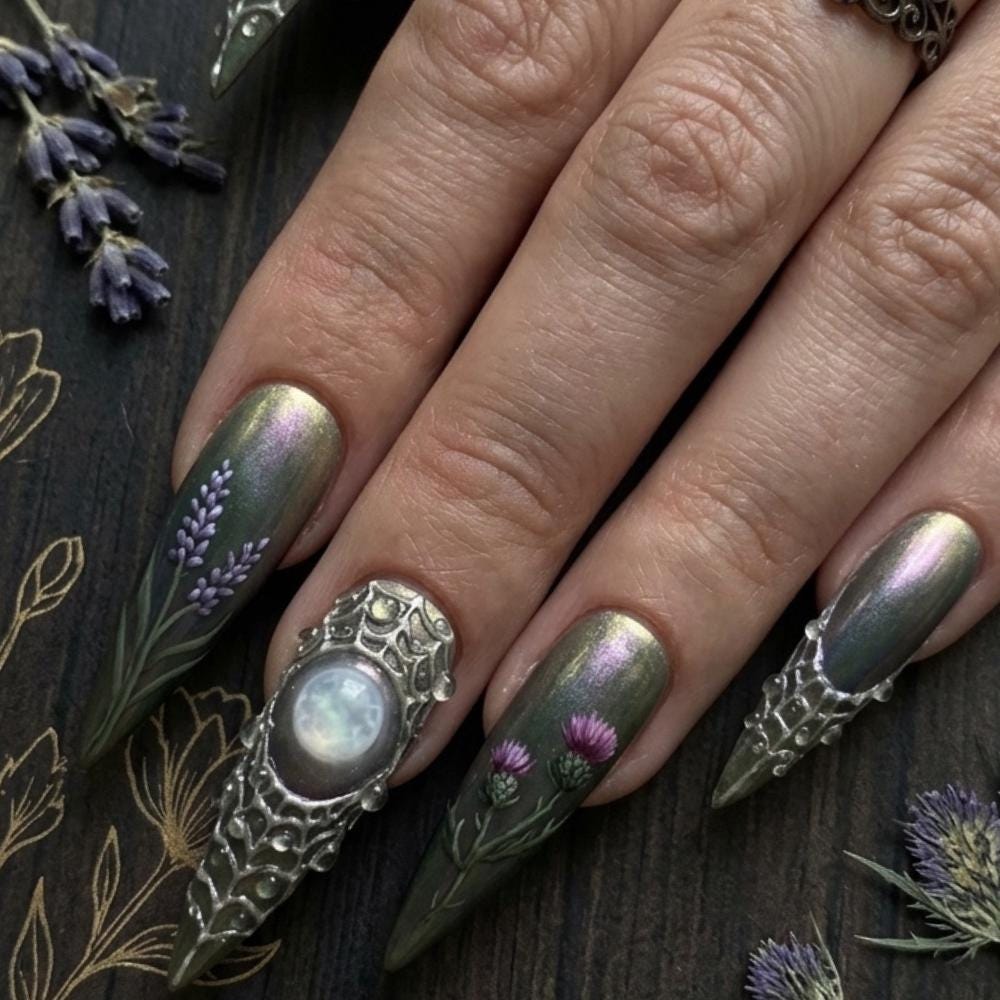 Elven Armor Press On Nails With Silver Filigree, Opalescent Centerpiece, and Purple Thistle