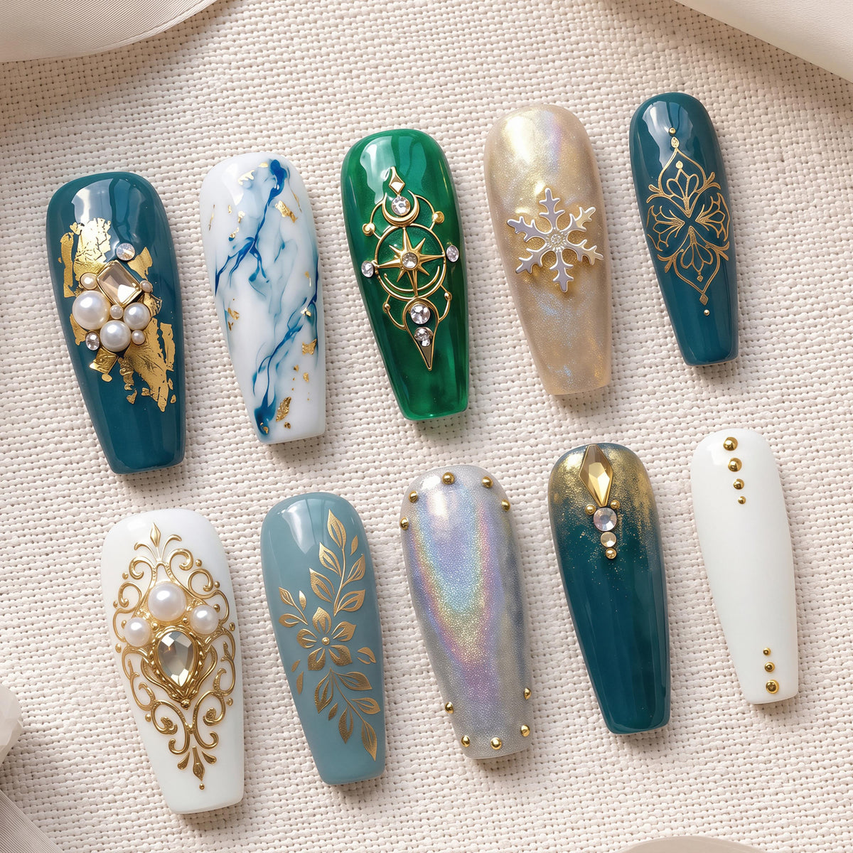 Emerald and Teal Winter Nails with Gold Snowflakes, Marble, Pearls and Rhinestones