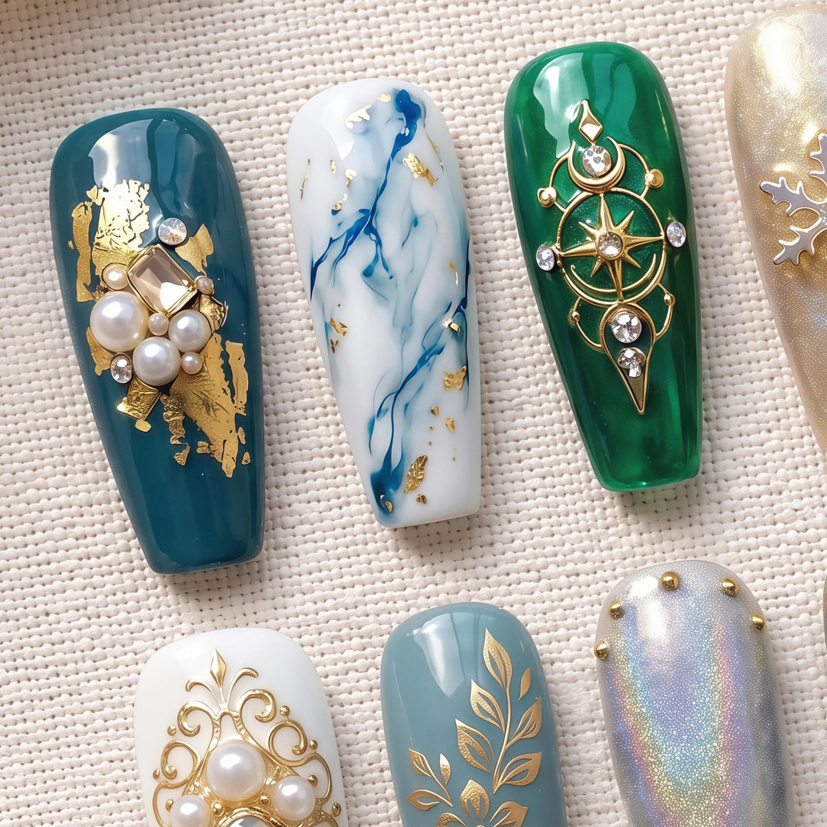 Emerald and Teal Winter Nails with Gold Snowflakes, Marble, Pearls and Rhinestones