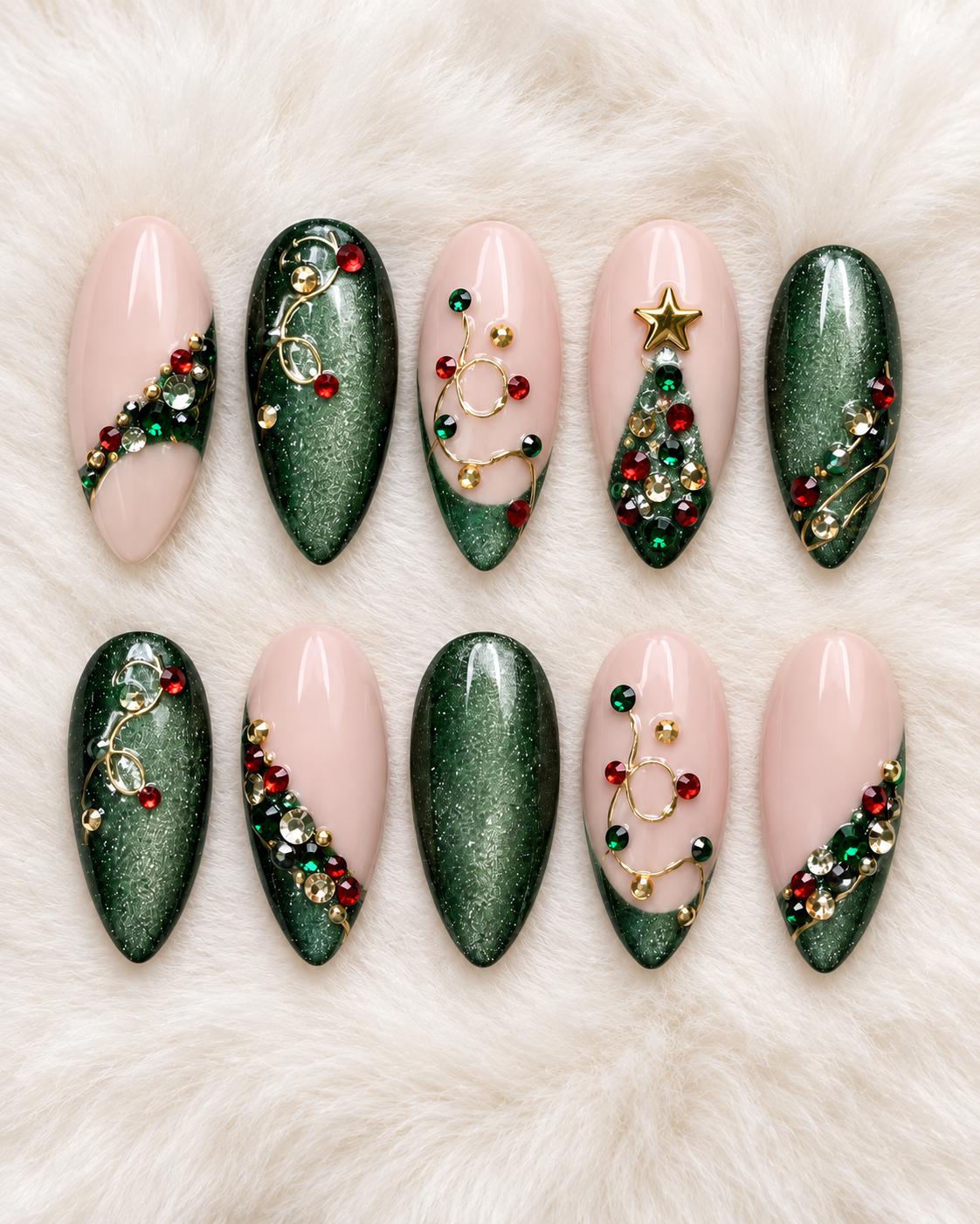 Emerald Cat-Eye Christmas Nails with Rhinestone Tree and Gold Details