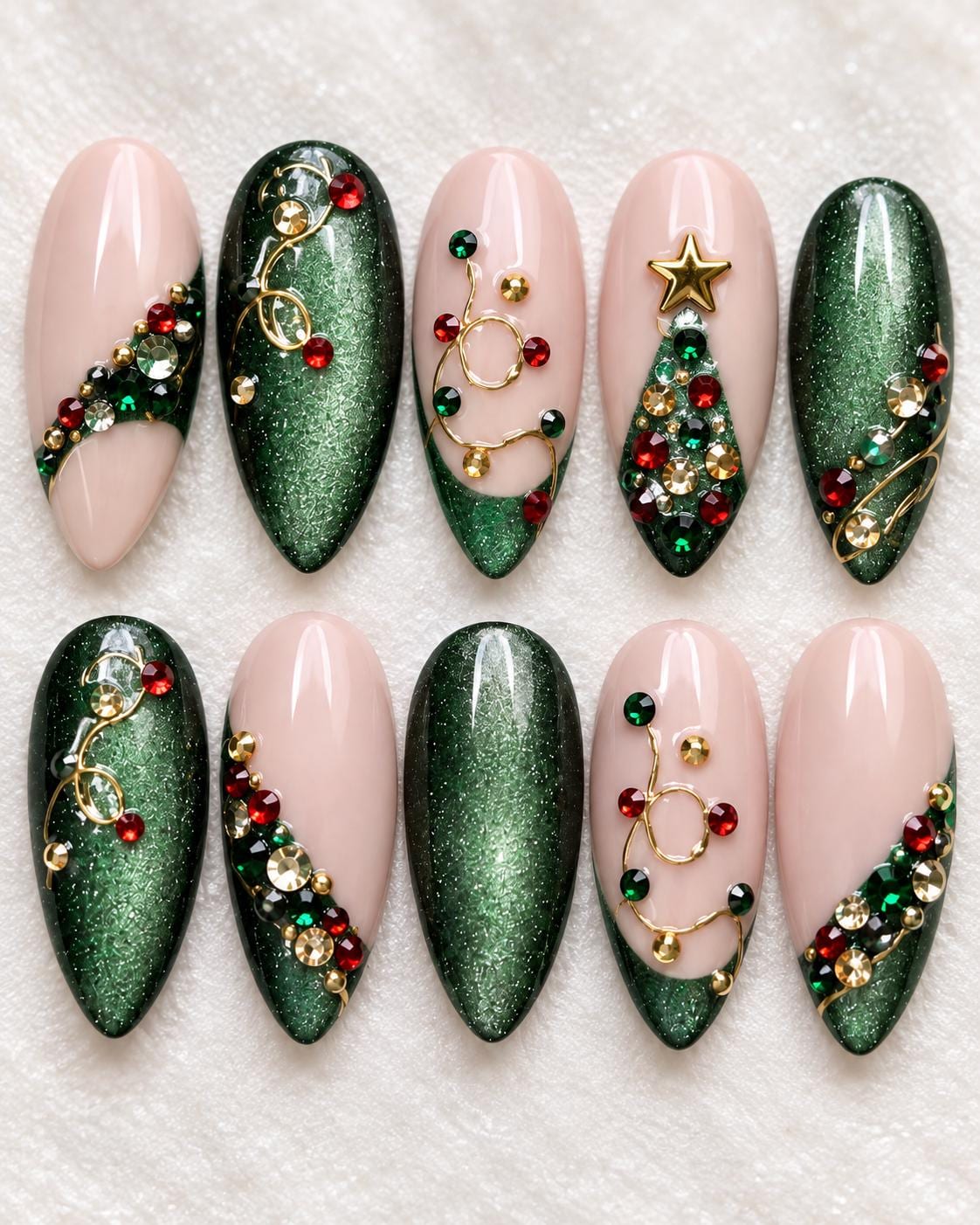 Emerald Cat-Eye Christmas Nails with Rhinestone Tree and Gold Details