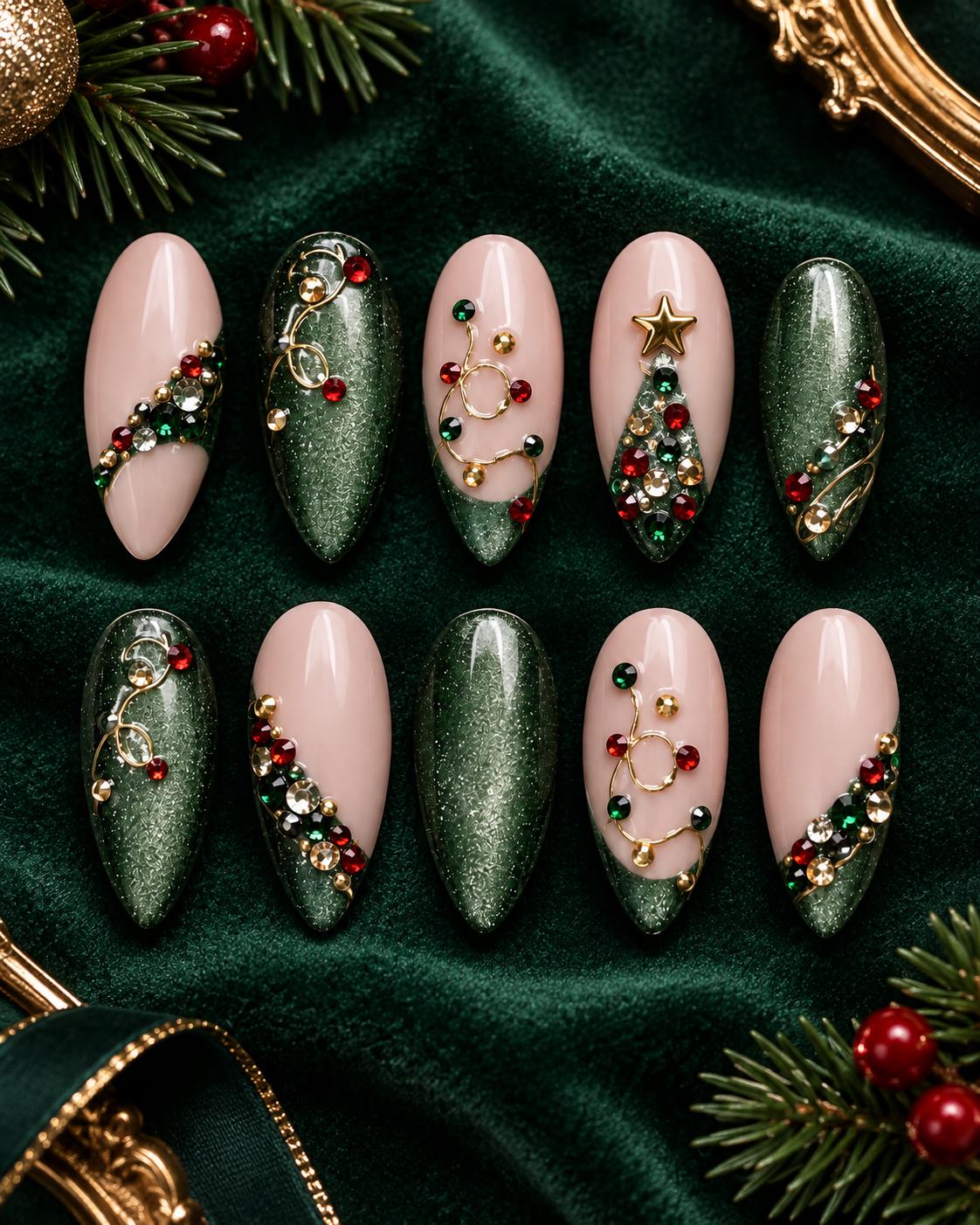 Emerald Cat-Eye Christmas Nails with Rhinestone Tree and Gold Details