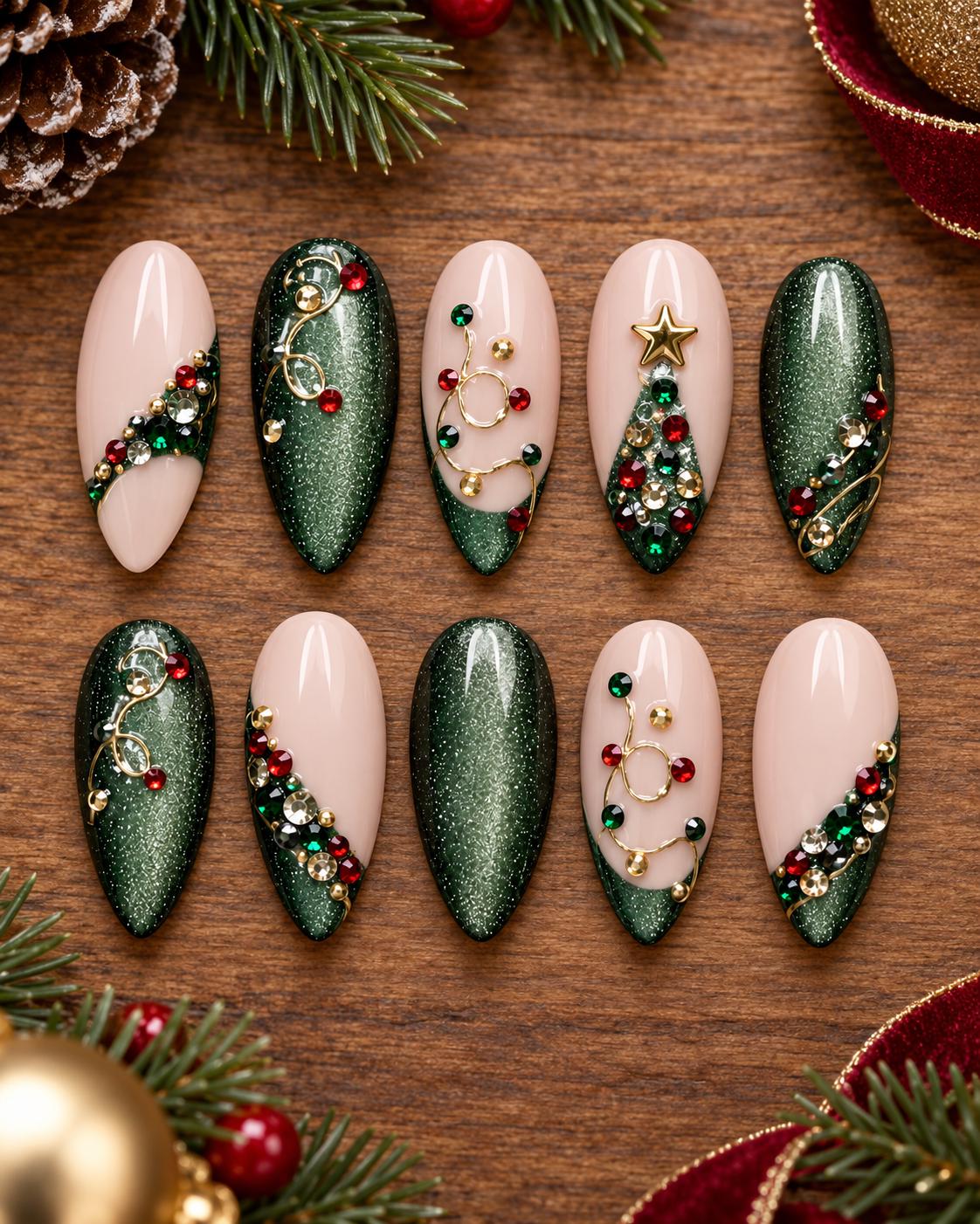 Emerald Cat-Eye Christmas Nails with Rhinestone Tree and Gold Details