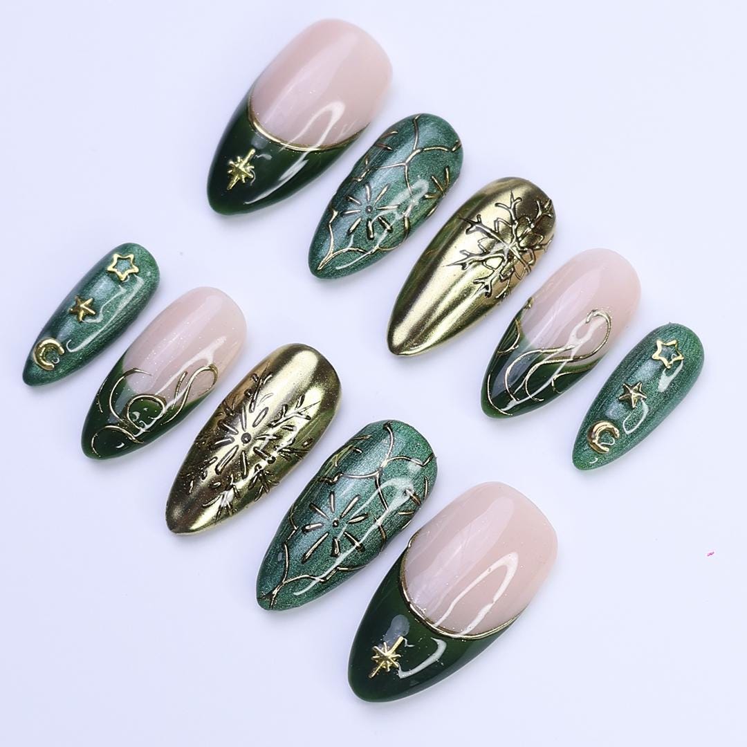 Emerald Green and Gold Celestial Christmas Press-On Nail Set