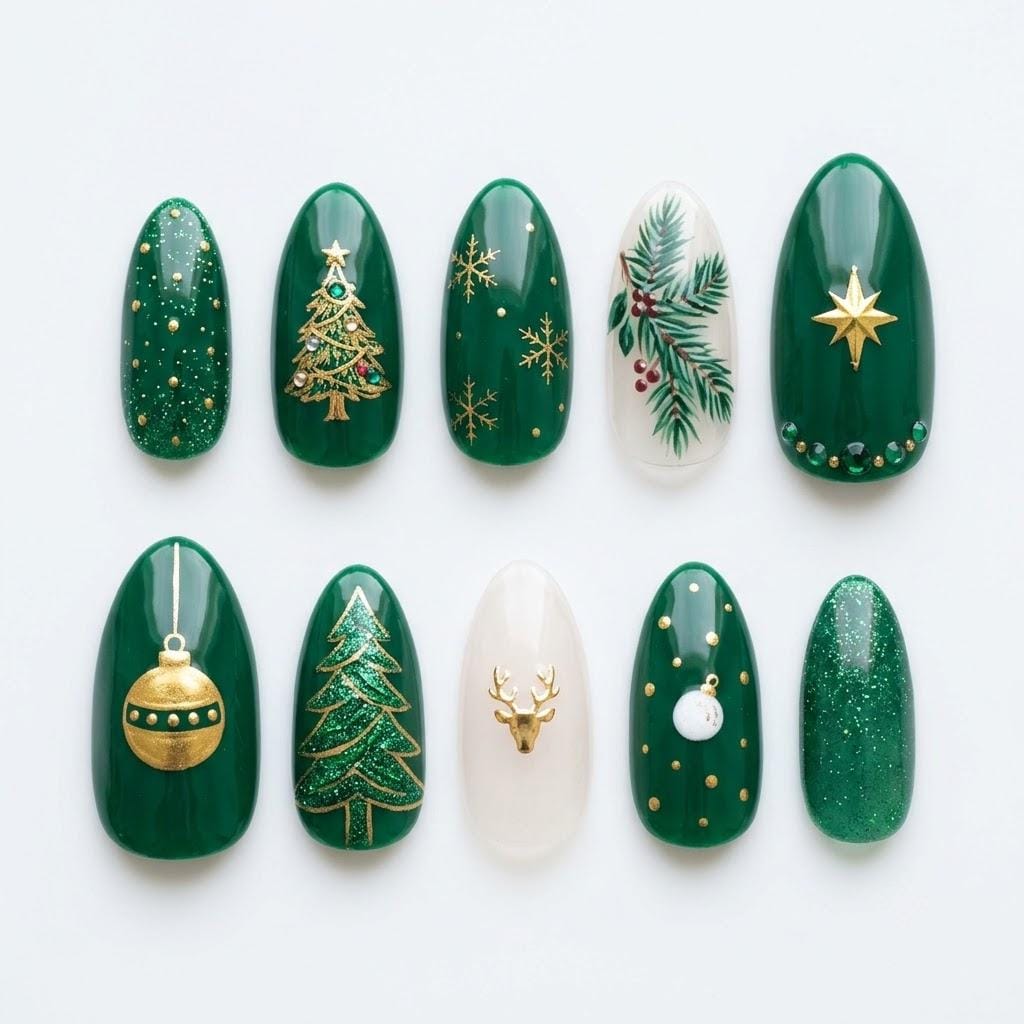 Emerald Green and Gold Christmas Nail Set With Trees, Snowflakes and Reindeer
