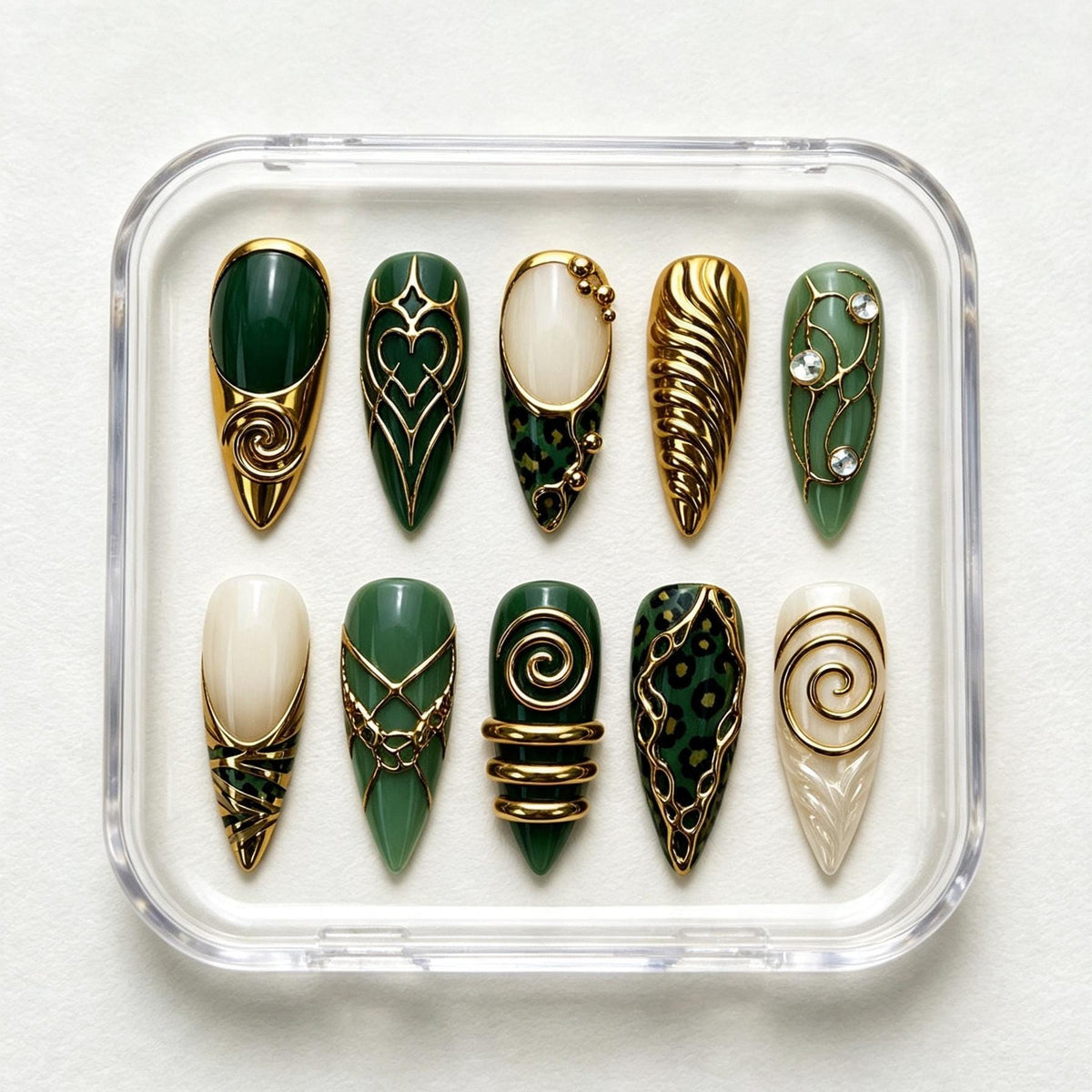 Emerald Green and Gold Leopard Press-On Nail Set