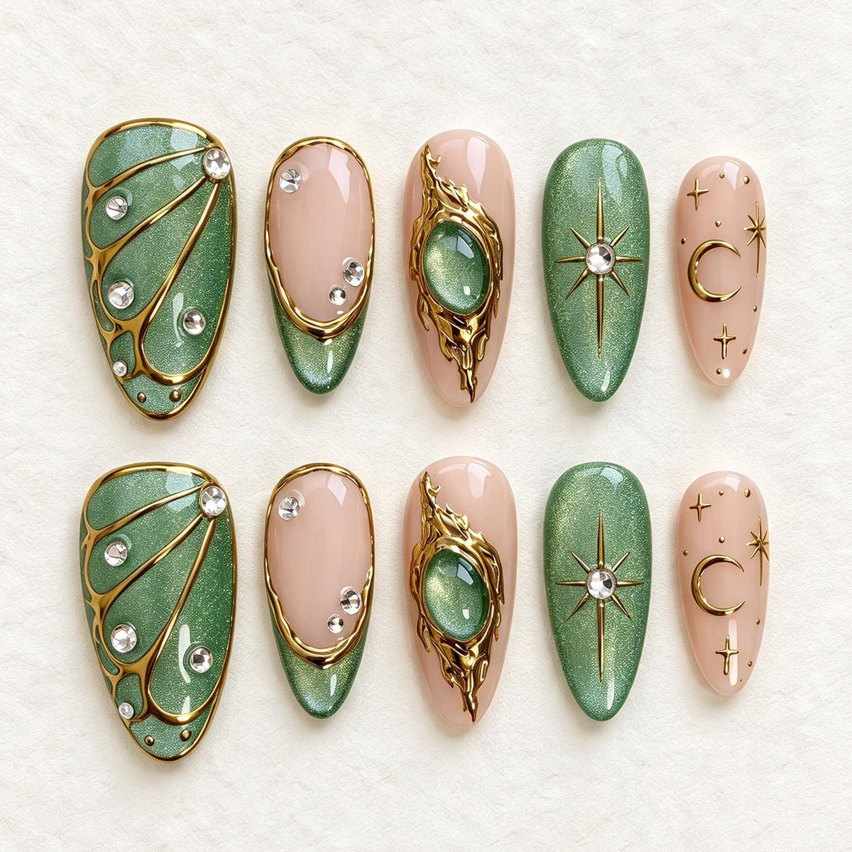 Emerald Green and Nude Celestial Gemstone Nail Set with Gold Details
