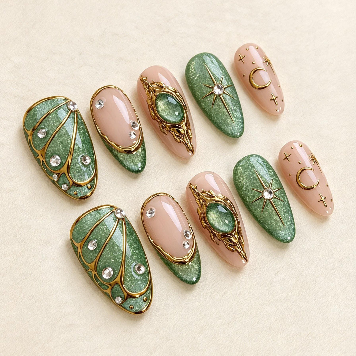 Emerald Green and Nude Celestial Gemstone Nail Set with Gold Details