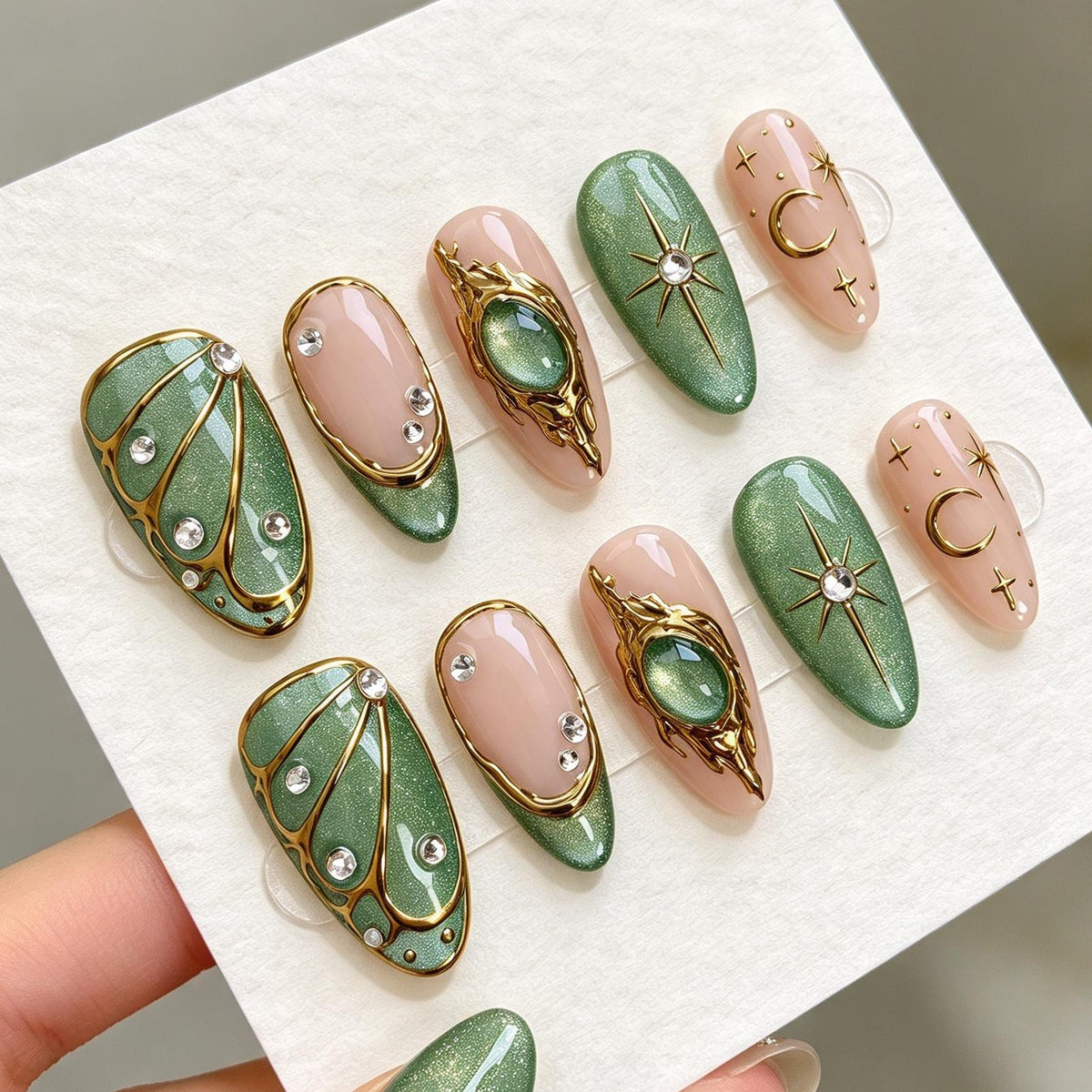 Emerald Green and Nude Celestial Gemstone Nail Set with Gold Details