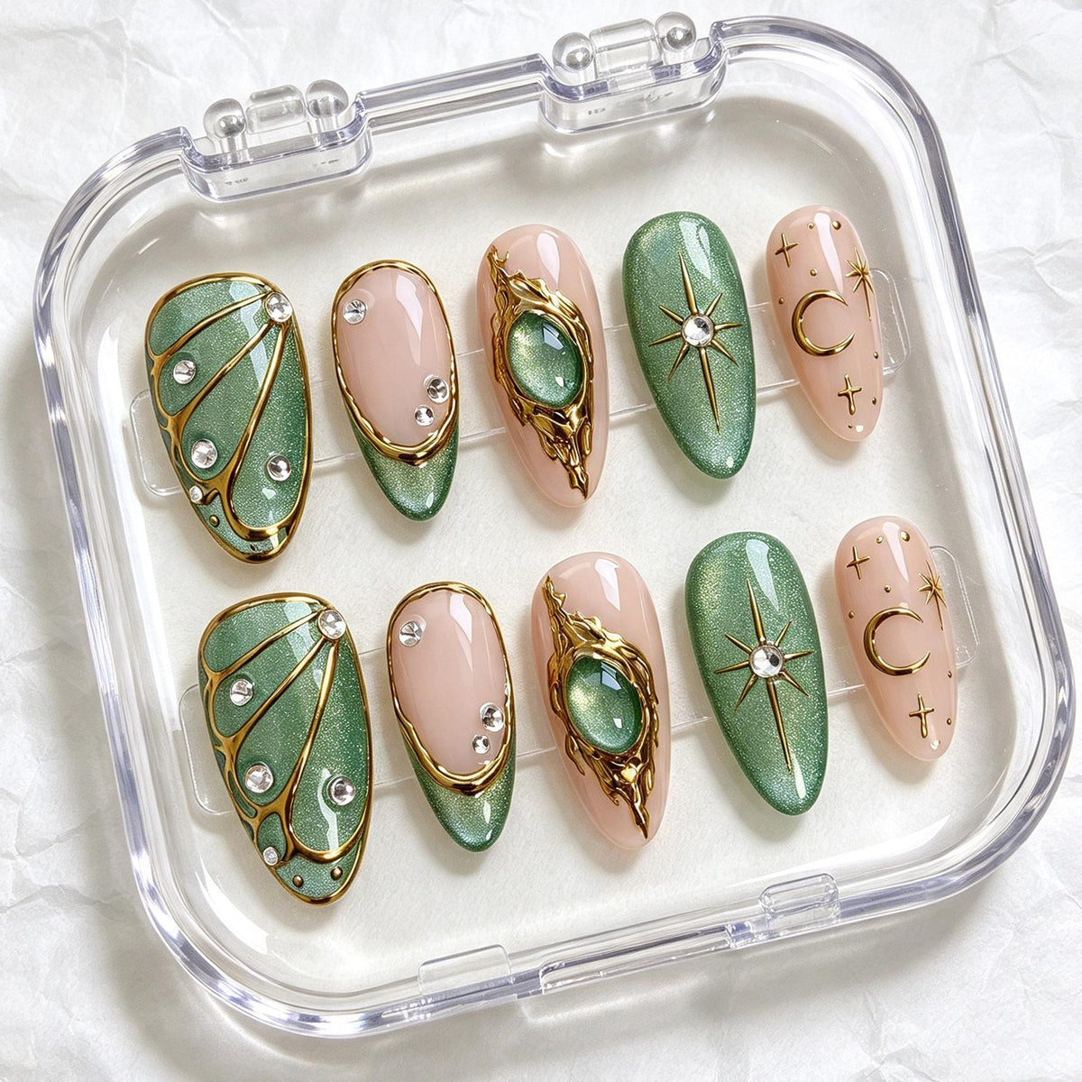 Emerald Green and Nude Celestial Gemstone Nail Set with Gold Details