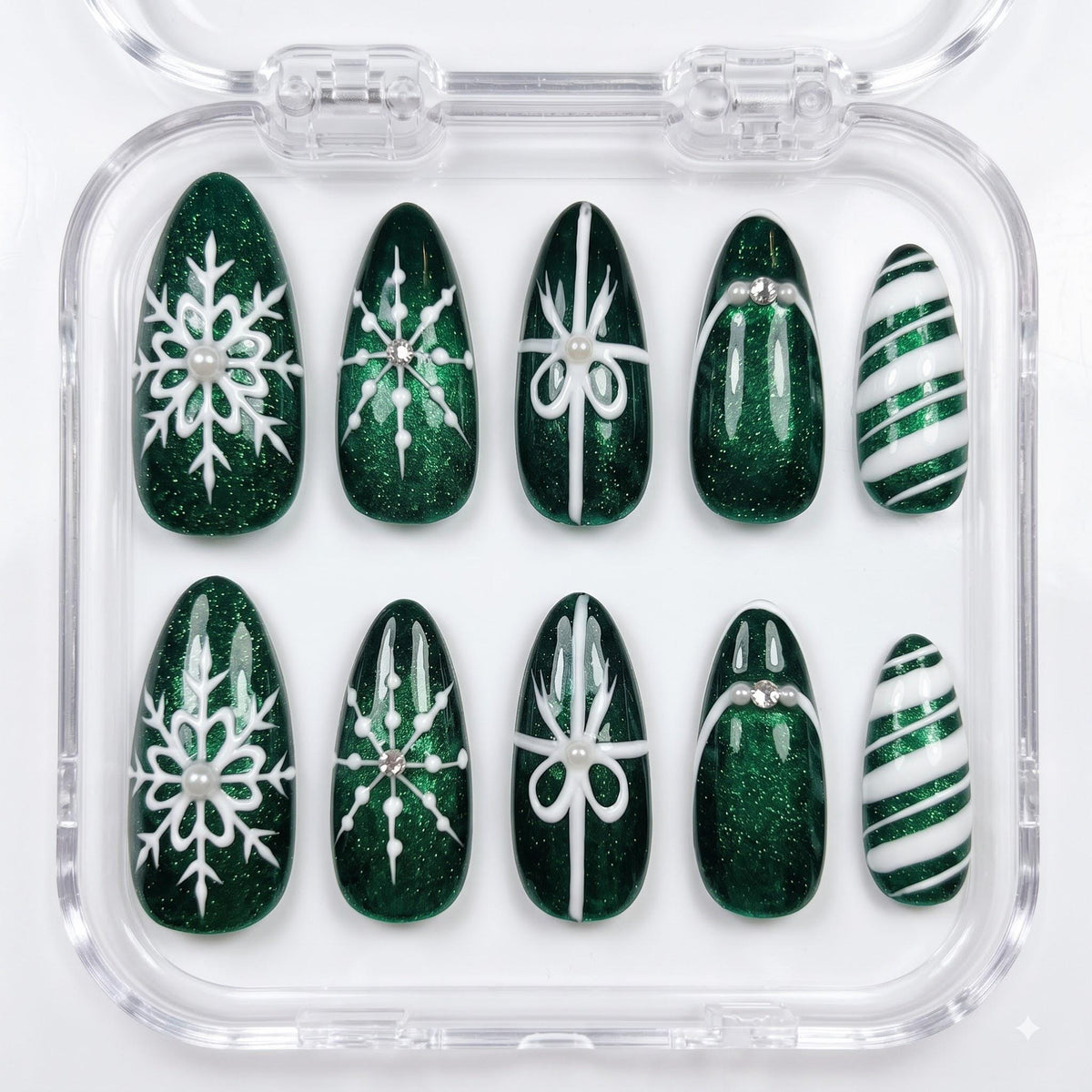 Emerald Green Cat Eye Christmas Nails With White Snowflakes, Bows and Candy Cane Stripes