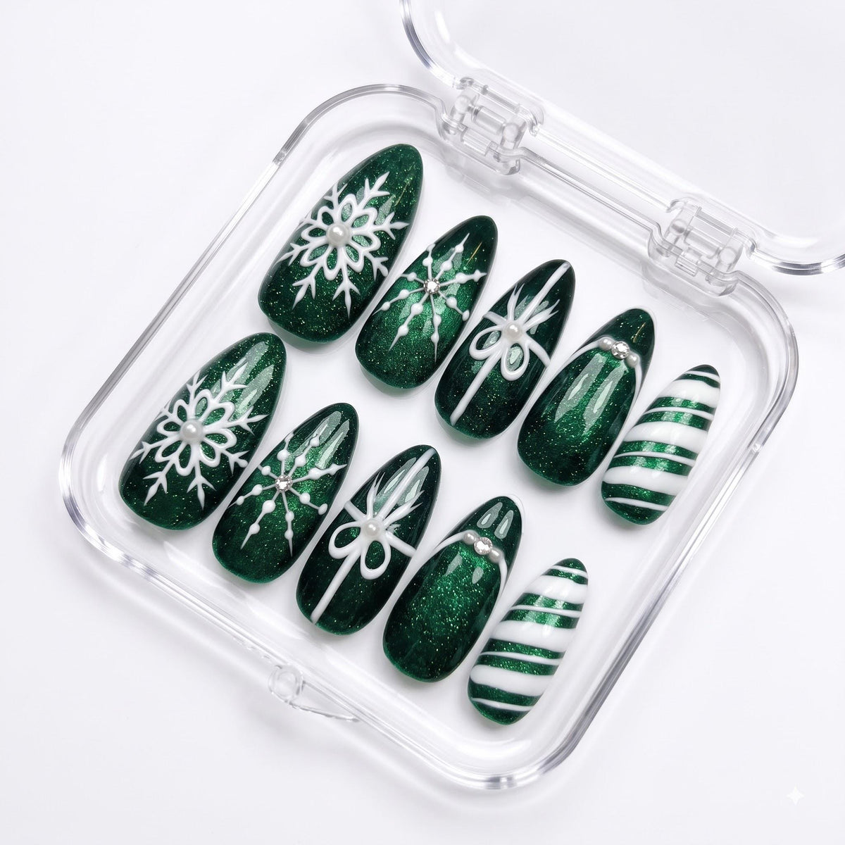 Emerald Green Cat Eye Christmas Nails With White Snowflakes, Bows and Candy Cane Stripes