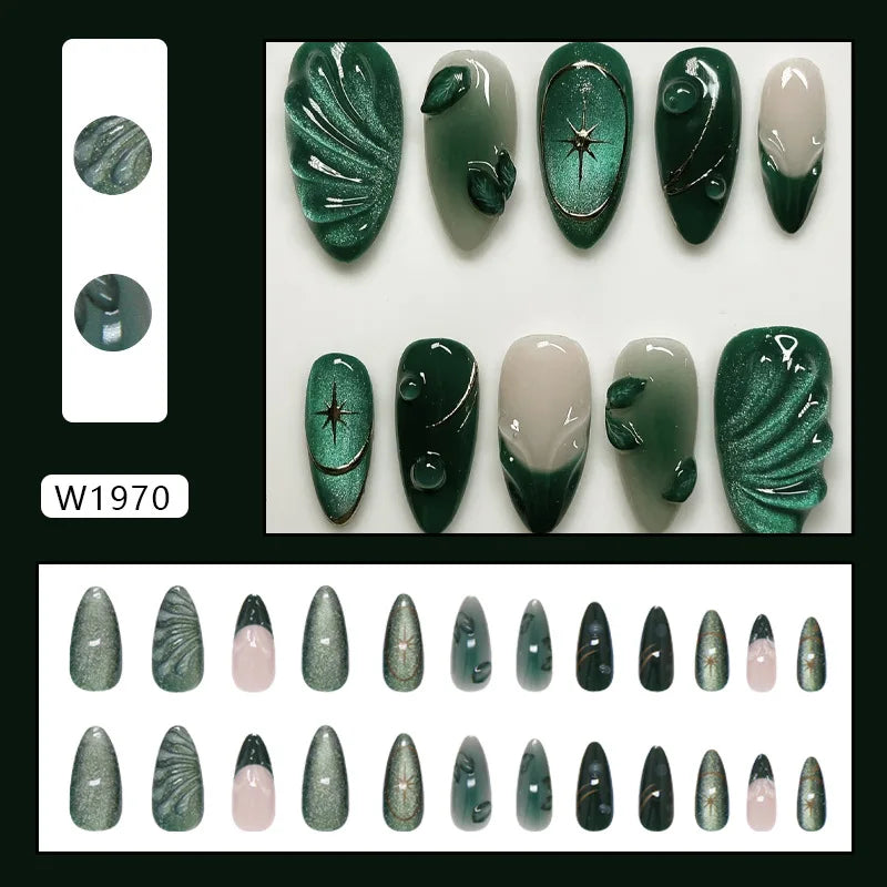 Emerald Green Cat-Eye French Tip Nails with Swirls and Starbursts