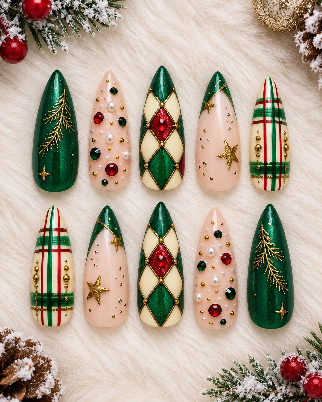 Emerald Green Christmas Argyle and Plaid Nails with Gold Details and Red Gems