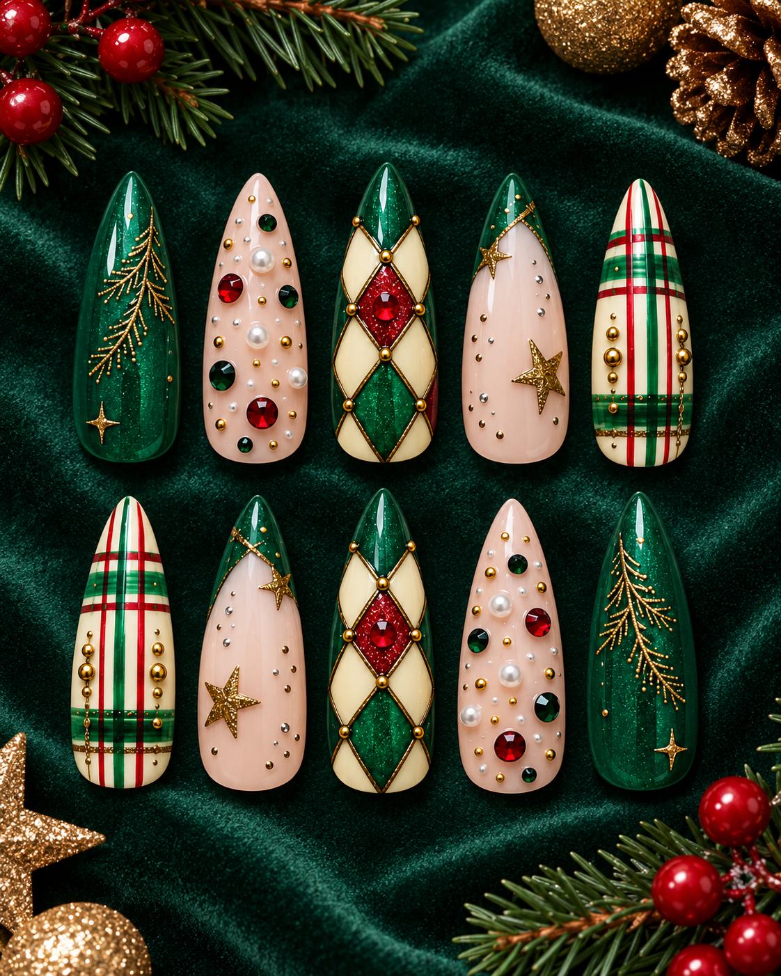 Emerald Green Christmas Argyle and Plaid Nails with Gold Details and Red Gems