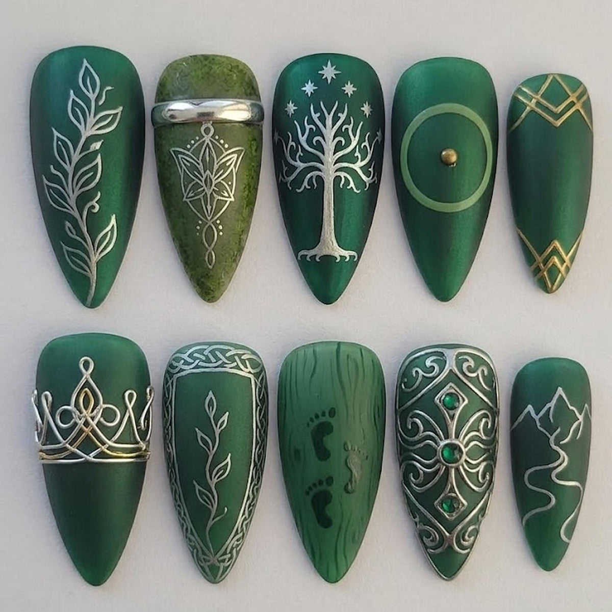 Emerald Green Elven Forest Nails With Silver Tree, Leaf and Celtic Designs