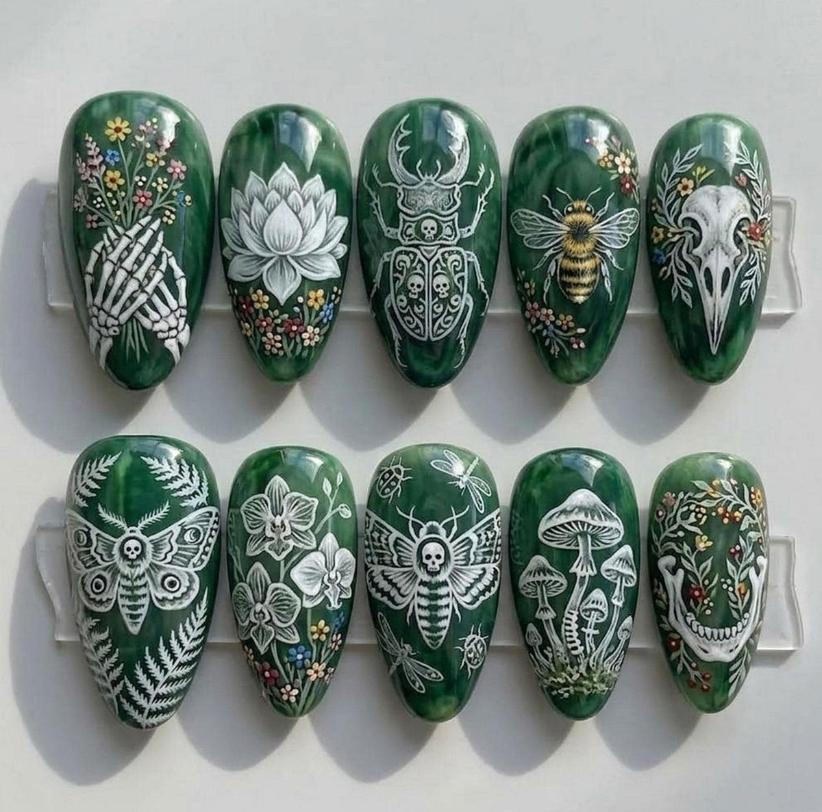 Emerald Green Gothic Botanical Press On Nails With Moths, Mushrooms and Skulls