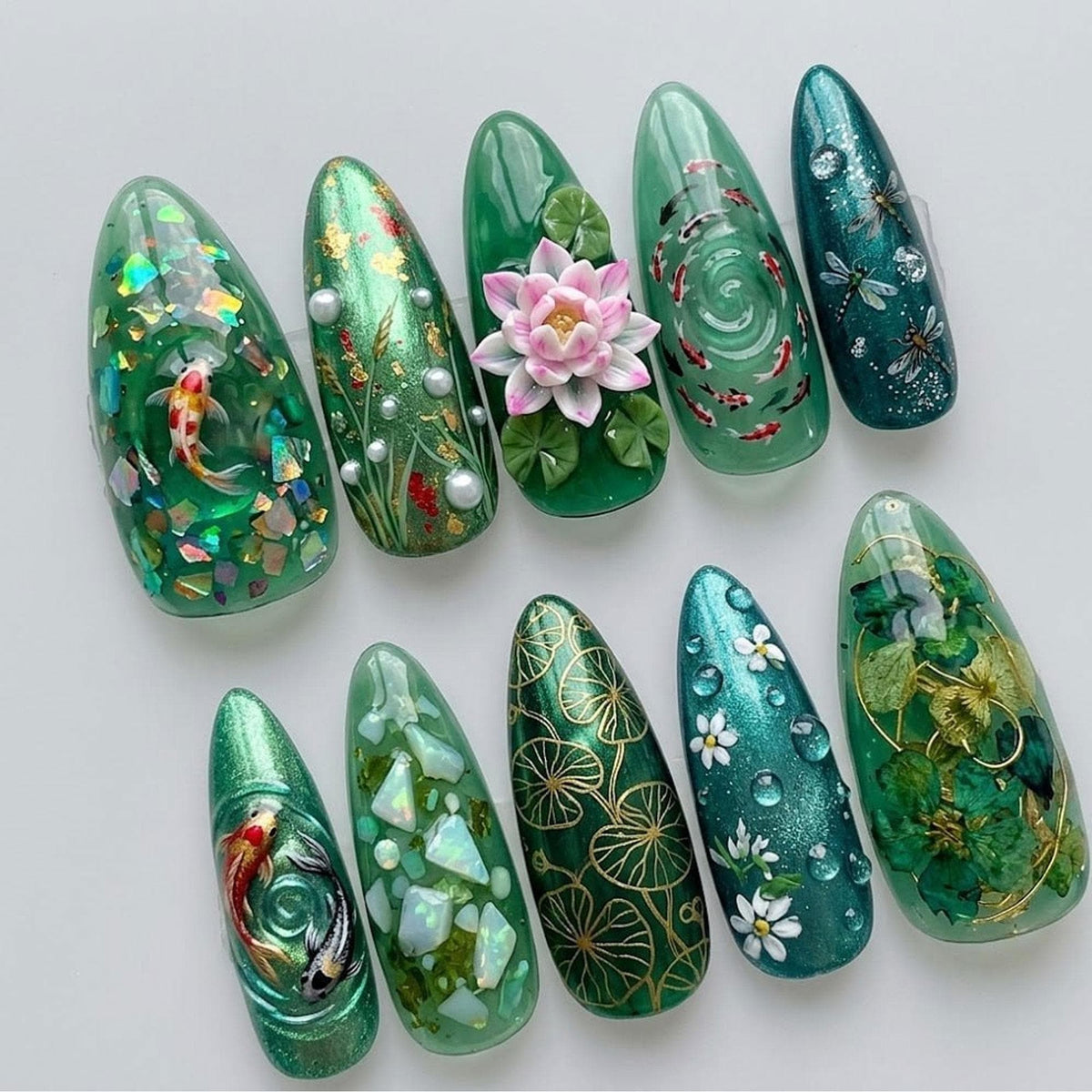 Emerald Koi Pond Press-On Nail Set With Raised Lotus Flowers