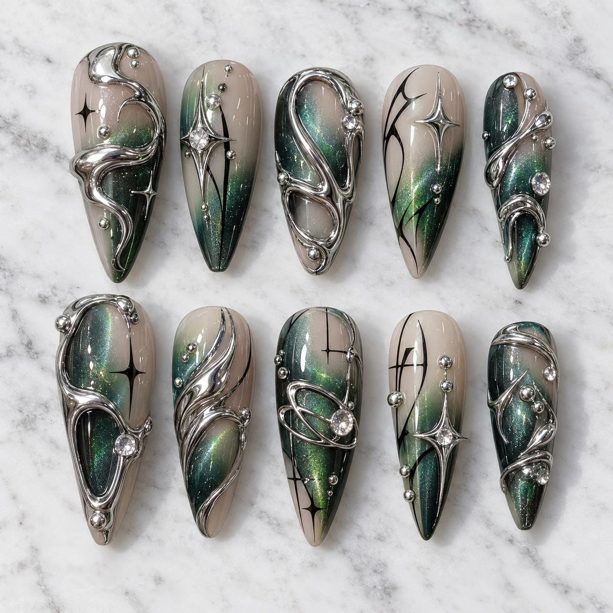 Emerald Teal Cat Eye Nails with 3D Silver Chrome Swirls and Rhinestones