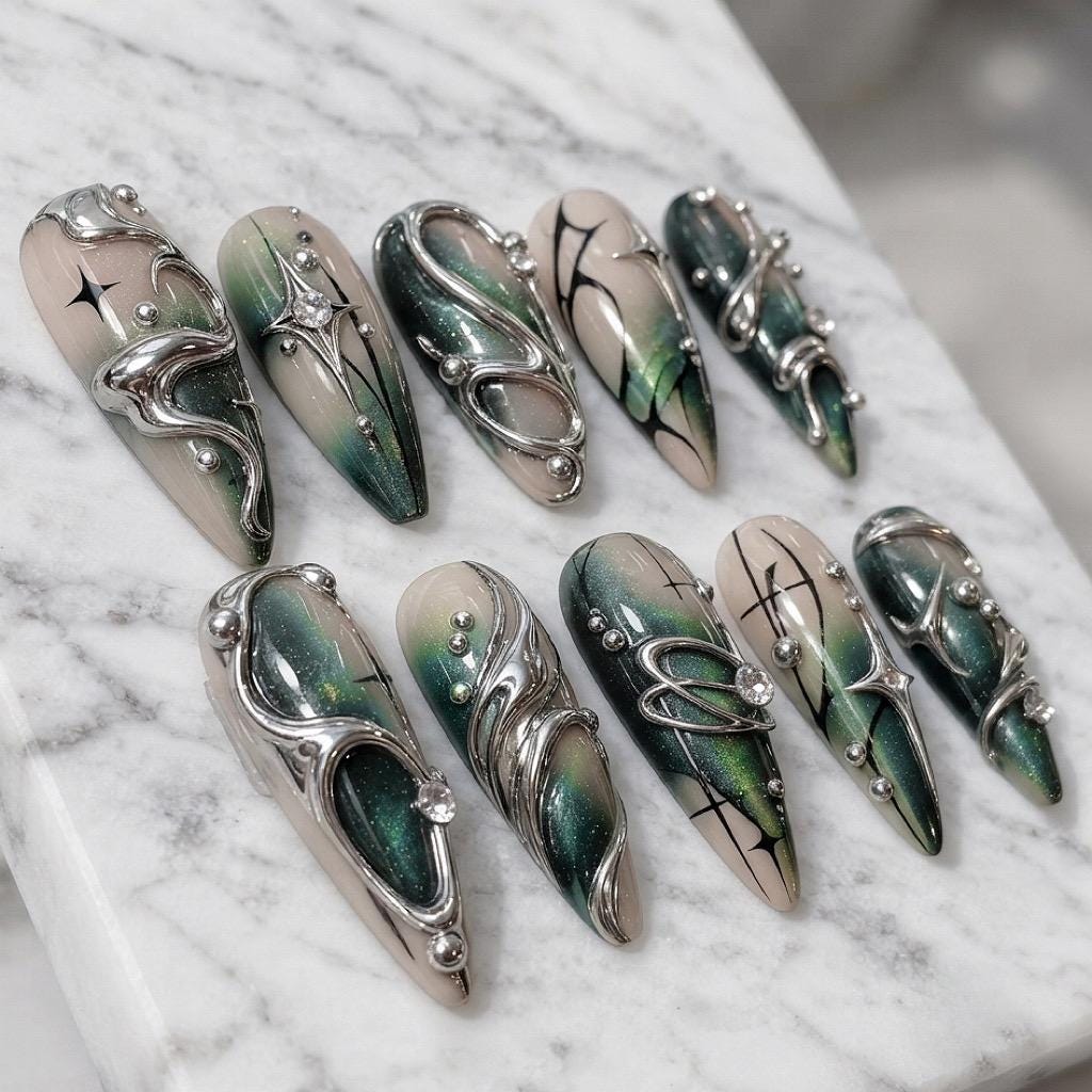 Emerald Teal Cat Eye Nails with 3D Silver Chrome Swirls and Rhinestones